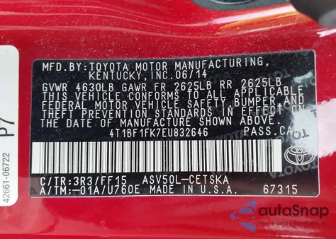 2014 Toyota Camry Se из США, поврежденный, VIN 4T1BF1FK7EU832646